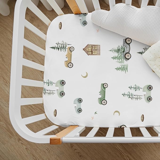 Gllquen Baby Bassinet Sheets 4 Pack, Breathable Cozy Fitted Mattress Sheet, Elastic Travel Crib Fashionable Pattern, Standard Cradle Safe Sheets for Baby Boys Girls 32"x16" (Car)