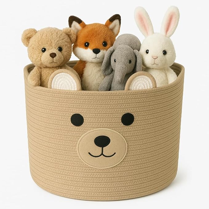 Bear Laundry Baskets Laundry Hamper Storage Baskets with Handles,Decorative Basket for Living room,Woven Storage Basket for Toys Bin Pillows Blankets Clothes (Khaki)