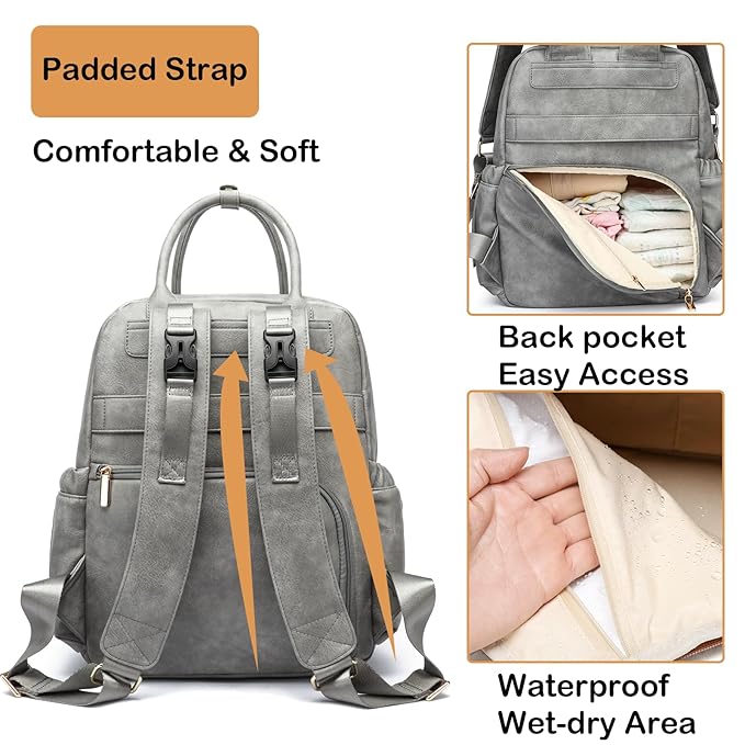 Leather Diaper Bag Backpack for Women with Multiple Pockets,Laptop Compartment and Changing Pad.