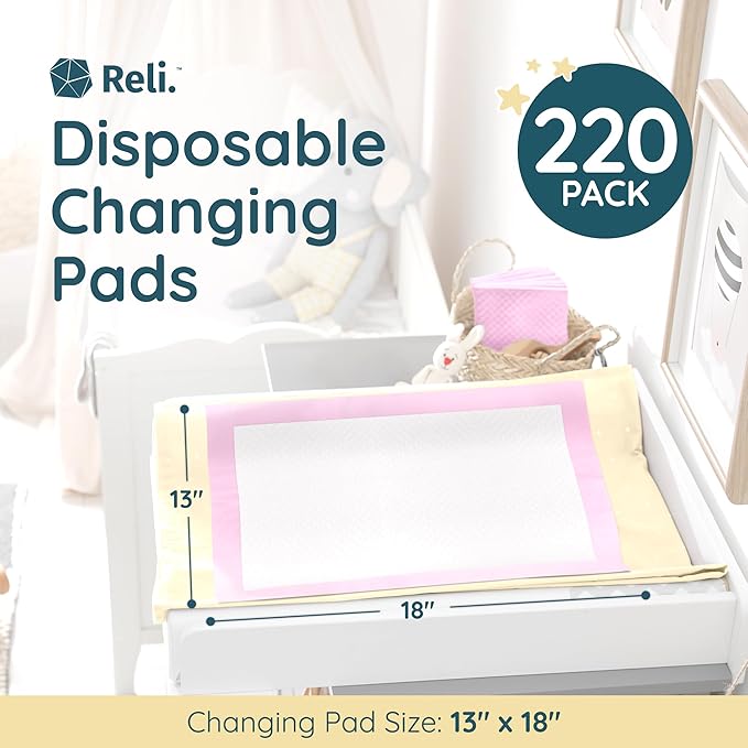 Reli. Disposable Changing Pads for Baby (220 Pack) | Disposable Diaper Changing Pads, 13" x 18" | Super Absorbent, Leak-Proof Liners | Waterproof, Quick Dry Underpads (Pink/White)