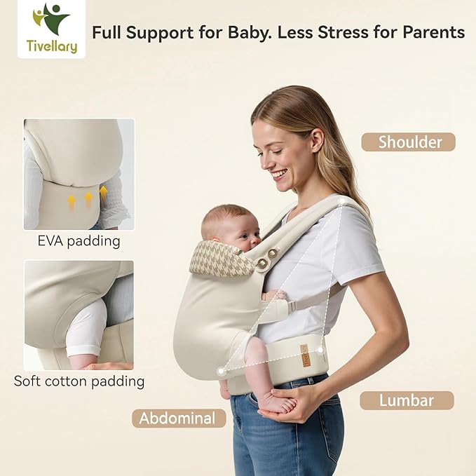 Reversible Baby Carrier, Khaki Solid & Houndstooth; Lightweight, Cooling & Breathable Lyocell Fabric; Ergonomic Lumbar Support and Quick Hands-Free Wear for Newborn to Toddler (7–44 lbs)
