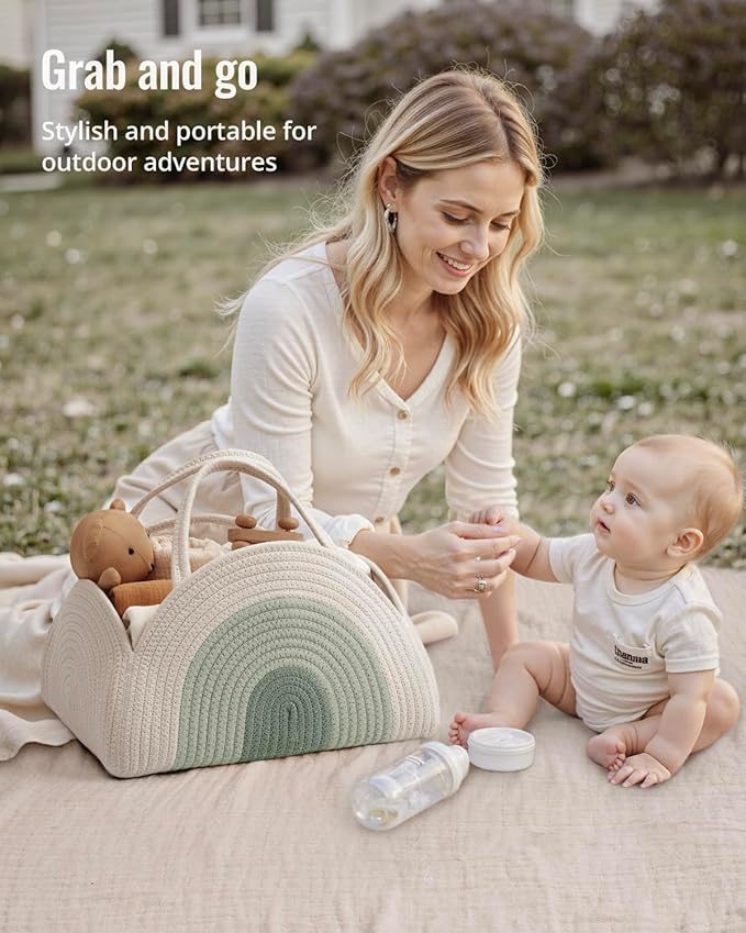 Blissful Diary Baby Diaper Caddy Organizer, Cotton Rope Diaper Caddy Basket, Large Storage Basket for Newborn Boys and Girls, Gift for Baby Shower List, Newborn Essentials, Mint Rainbow