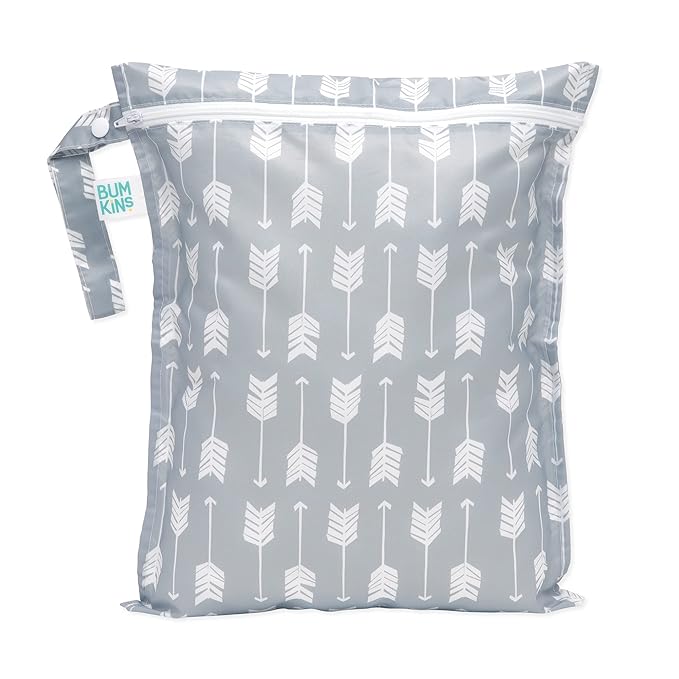 Bumkins Waterproof Wet Bag for Baby, Travel, Swim Suit, Cloth Diapers, Pump Parts, Pool, Beach, Gym Clothes, Toiletry, Hook to Stroller, Daycare, Zipper Reusable Wetdry Packing Pouch, Gray Arrows