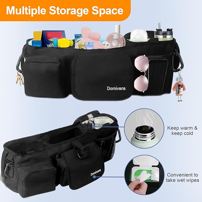 Double Stroller Organizer,Double Stroller Caddy for Bob Duallie and Baby Jogger City Mini GT2,Extra Large Double Baby Stroller Accessories with Cup Holder,Black(Empty Bag)