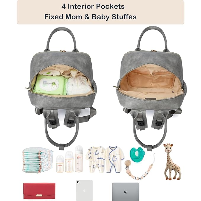 Leather Diaper Bag Backpack for Women with Multiple Pockets,Laptop Compartment and Changing Pad.