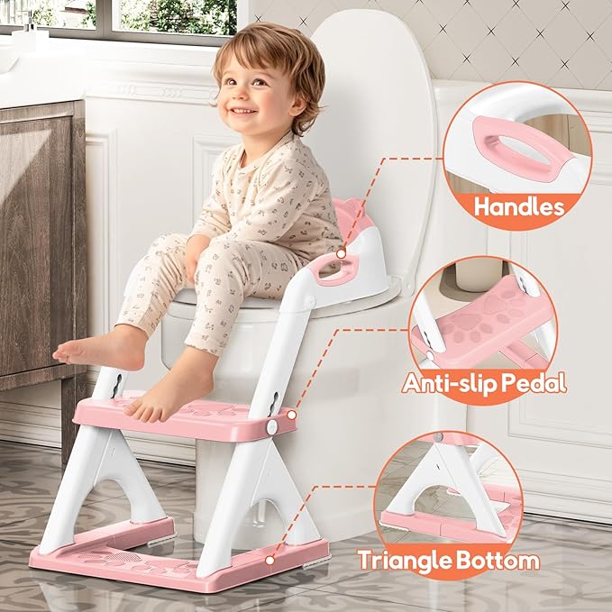 Potty Training Seat, SKYROKU Upgrade Toddler Toilet Seat for Kids Boys Girls, 2 in 1 Potty Training Toilet, Splash Guard Anti-Slip Pad Step Stool,New Sector-Shape Stabilized Base and heavier (Pink)