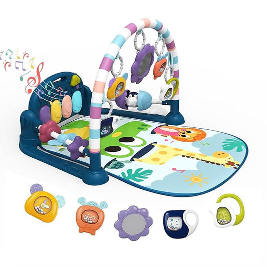 dearlomum Baby Play Mat Gym, Funny Play Piano Tummy Time Activity Mat with 5 Infant Sensory Toys, Music and Lights, Boy & Girl Gifts for Newborns 0 to 3 6 9 12 Months(New Blue)
