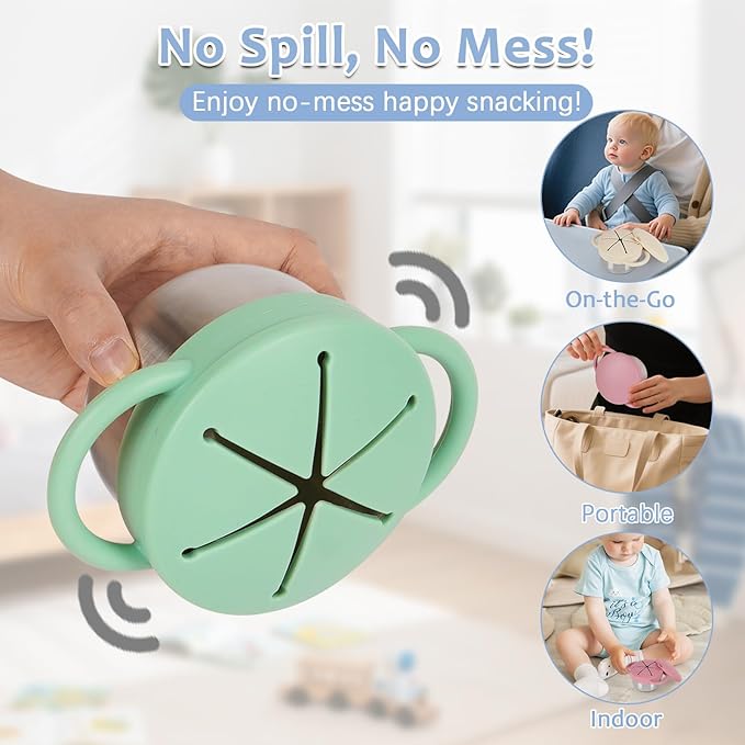 2 Pack 304 Stainless Steel Snack Cups for Toddlers, Toddler Snack Containers with Spill-Proof Silicone Travel Lid & Handle, Dishwasher Safe, Removable Snack Cup for Baby, Toddler, Kids