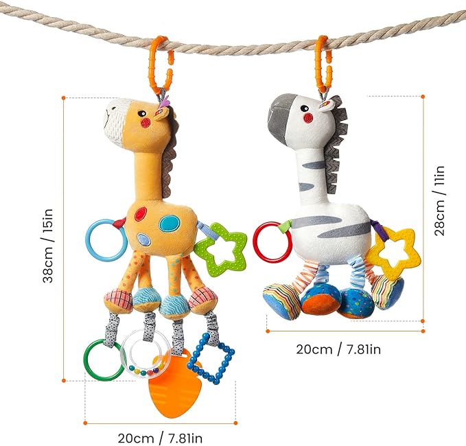 TUMAMA Hanging Toys, 16 inch Plush Animals Baby Rattle, Car Seat Stroller Toys, 2 Pack, Newborn - 12 Months, 2 x Plush Animal Hanging Toys (Giraffe, Zebra), Rings, Built-in Rattles and Crinkles