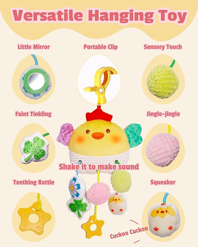 Baby Car Seat Toys 0-6 Months, Sensory Crib Hanging Soft Plush with Rattles, Crinkle Paper and Teether, Educational Toy for Baby Shower Newborn Infant Gifts (Yellow Chick)