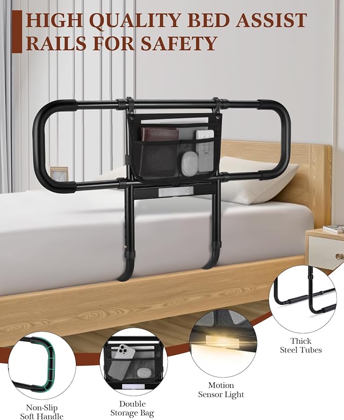 Bed Rails for Elderly Adults Safety, Extended Bed Assist Rail for Seniors with Motion Sensor Light - Adjustable Side Bed Guard Rails Handle Support Bar with Storage Bag, Fit King Queen Full Twin