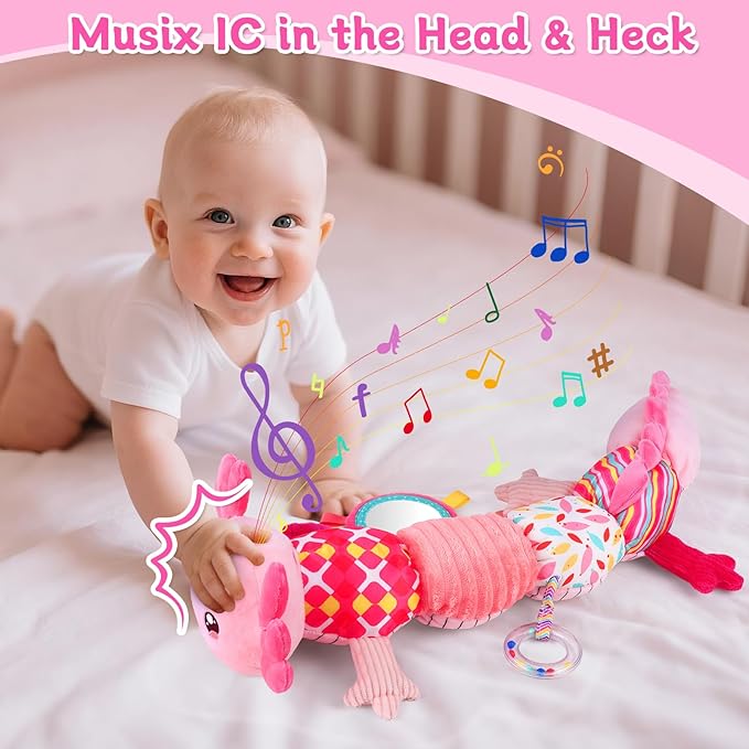 Baby Girls Toys 0-6 Months,Infant Sensory Caterpillar Pink Axolotl Baby Musical Rattles Tummy Time Toys for 0 3 6 9 12 Months Stuffed Plush with Crinkle, Mirror,Teether for Newborn Shower Gifts