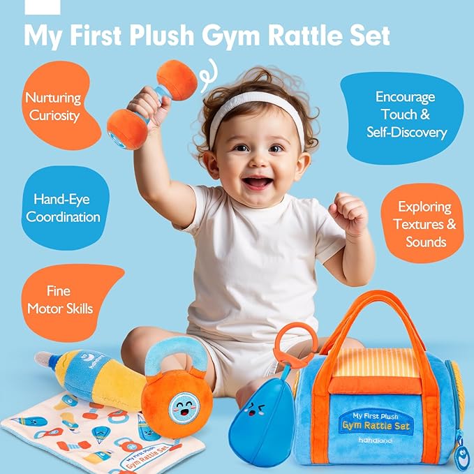 hahaland Baby Toys 6-12 Months - Baby Toys 3-6 Months Montessori Toy for 6 Month Old, Sensory Toy for Babies Workout Weights Dumbbell Toy Set with Soft Rattles Mirror, Babies Girl Boy Gifts