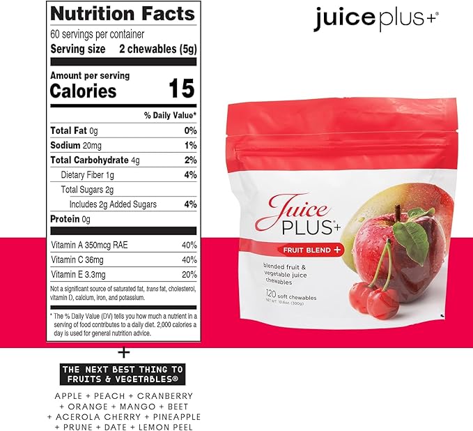 Juice Plus+ Fruit Blend Soft Chews (Chewables) - Boost Your Nutrition with 11 Fruits & Plant Ingredients - Vegan Gummy for Kids & Adults - Vitamins, Whole Food Nutrition - 120 Chewables
