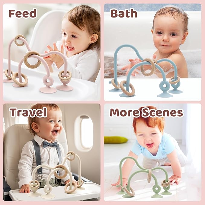 Baby High Chair Suction Toys Teething Chew - Baby Table Toys, Teething Toys Silicone Teethers, Food Grade Silicon for 6 12 18 Months (Beige Rosepink)