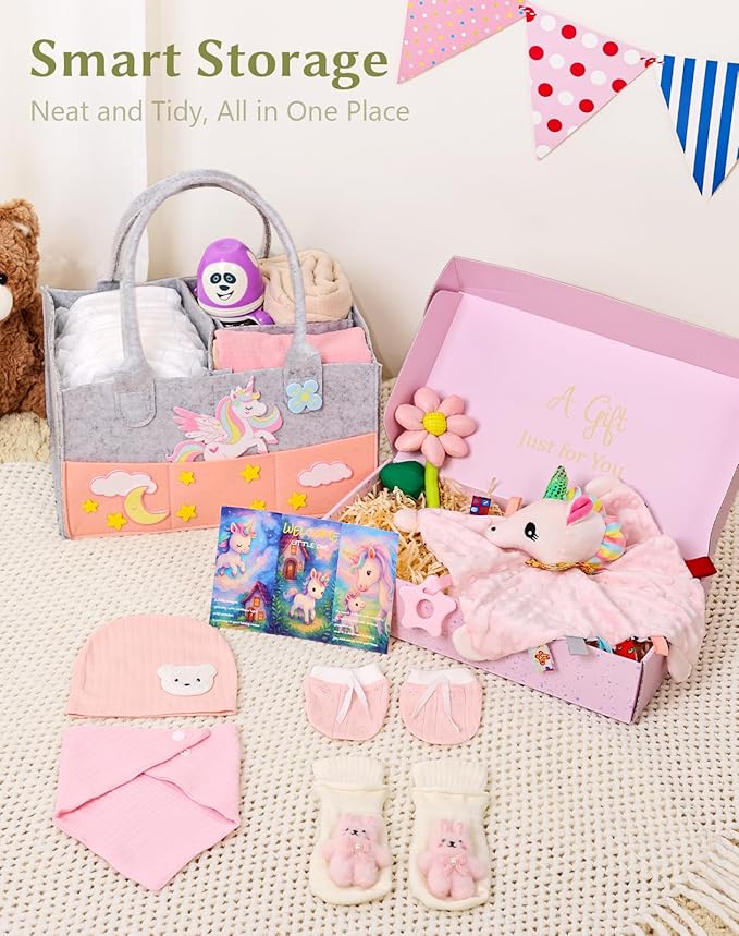 Coralogo Baby Shower Gift Basket - Baby Gift Set with Practical Diaper Caddy, Gifts for New Mom, Gender Reveal Gifts, New Born Essential Include Security Blanket Hat Bib Socks Mittens, Girl