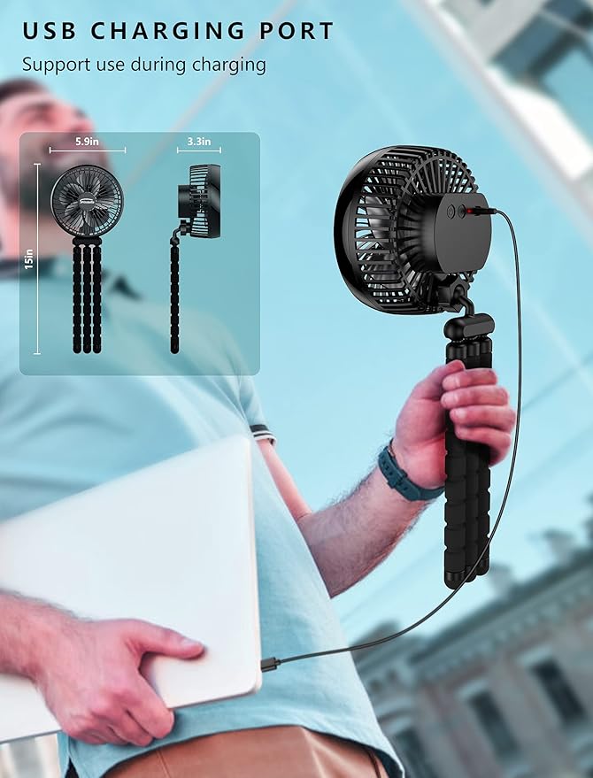 10000 mAh Portable Stroller Fan, 3-Mode LED Clip-On with Flexible and Detachable Tripod, Rechargeable Desk Fan 4-Speed & 63H Runtime, USB Powered,Quiet, 360° Adjustable for Car/Camping/Office/Home