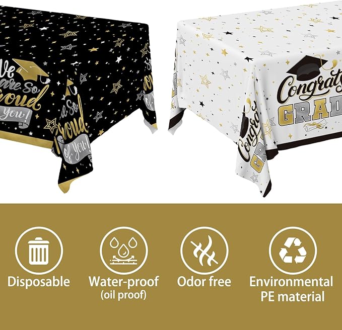 Gatherfun Graduation Decorations 2025-2 Pcs Black and Gold Gongrats Grad Tablecover for Graduation Party Decorations,Grad Plastic Table Covers 54"x108"