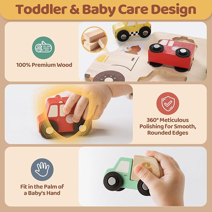 Wooden Toddler Puzzles,Montessori Puzzle for Toddlers 1-3,Montessori Toys for 1 2 3 Years Old Boys Girls Educational Toys with 6 Emergency and City Vehicles,Wooden Toy Cars for Toddler 1-3