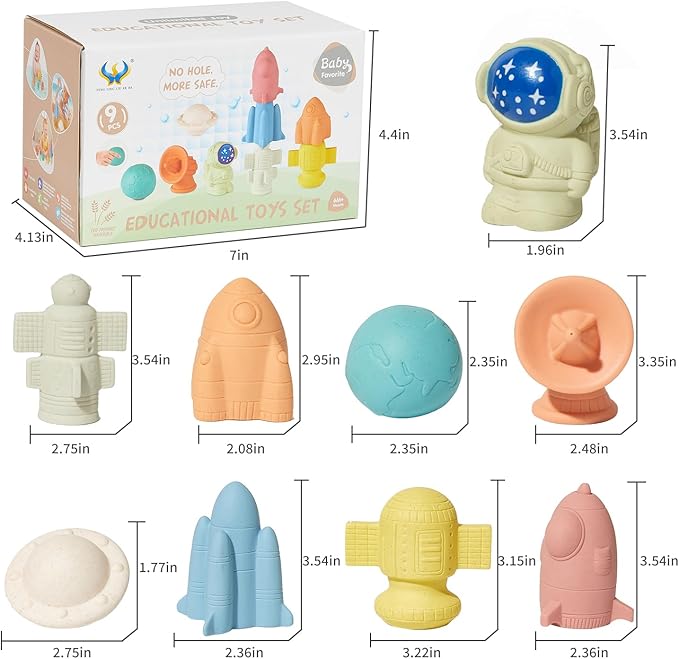 Mold-Free & No Holes Bath Toys 9 Pack | Safe Astronaut & Rocket Ship Toys for Babies 6-12M & Toddlers 1-3Y | Bathtub Pool Float Toys for Boys Girls