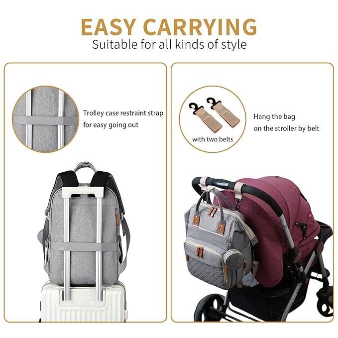 Baby Diaper Bag Backpack with Changing Station Travel Waterproof 3 in 1 Foldable Pad Unisex Grey