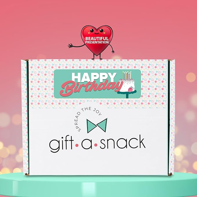 Gift A Snack - Happy Birthday Snack Box Variety Pack Care Package + Greeting Card (60 Count) Bday Sweet Treats Gift Basket, Candies Chips Crackers Bars - Cravy Food Assortments & Variety Gifts
