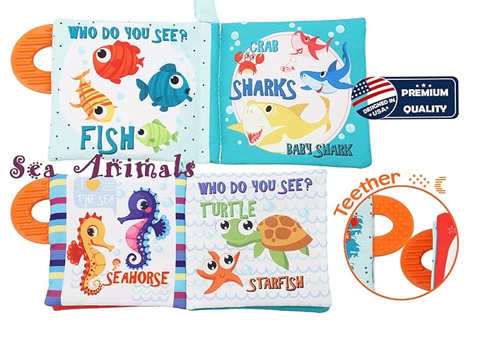 Baby Book Toy, Soft Cloth Crinkle Books for Babies with Teether, Infant Toys 0-3-6-12-18 Months, Shower Baby Gifts, Teething Toy for Boys Girls- Fish, Shark-1PCs