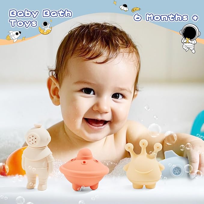 Bath Toys, Space & Rocket 4 Pack | Dishwasher-Safe & Mold Free Silicone Bath Toys | Soft, Squeezable & Float on Water | Soft & Easy-Grip Baby & Toddler Bath Toy Set | Baby Pool Toys