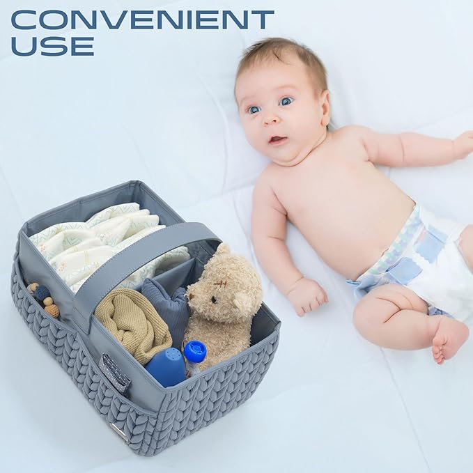 Luxurious Baby Diaper Caddy, Nursery Storage Basket for Newborn Essentials, Travel Baby Basket for Diapers Baby Wipes, Organizer Tote Bag Storage Bin, Baby Shower Gifts(ash blue)