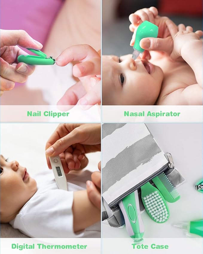 OTTOLIVES Baby Healthcare and Grooming Kit, 24 in 1 Baby Electric Nail Trimmer Set Newborn Nursery Health Care Set for Newborn Infant Toddlers Baby Boys Girls Kids (0-3 Years+) (Green)