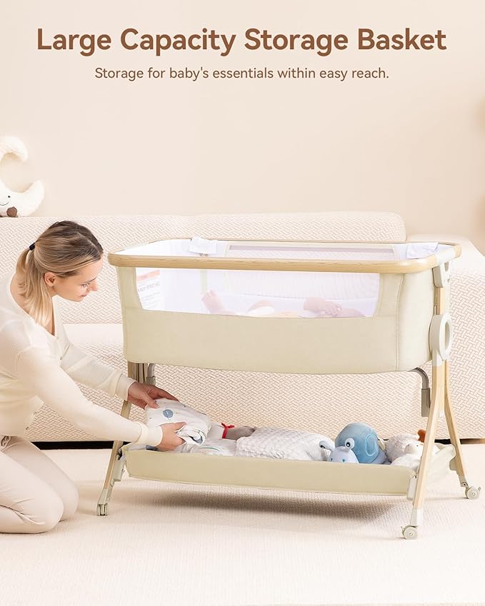 Larex Baby Bassinet, Baby Bassinet Bedside Sleeper with Storage Basket and Wheels, Height Adjustable Portable Crib for Newborn Infant, Easy Assemble and Folding(Khaki)