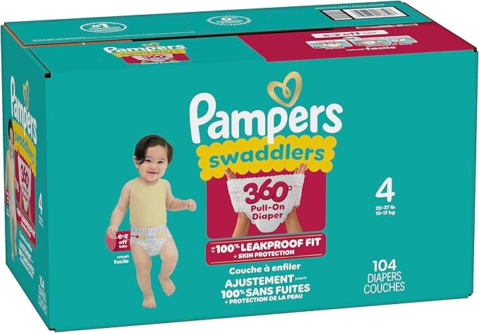 Pampers Diapers - Swaddlers 360° - Size 4, 104 Count, up to 100% Leakproof Comfy Dry Fit, Designed for Easy Changes, Pull On Baby Diaper (Packaging May Vary)