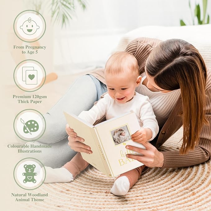 Lanpn Baby Memory Book Journal, Newborn First 5 Year Keepsake with DIY Window, Linen Baby Photo Book Memories Keepsake Scrapbook, Baby Milestone Album for Boy Girl New Parents (Sage Green, 154 Pages)