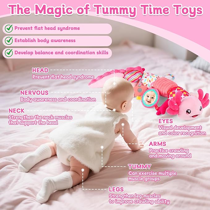 Baby Girls Toys 0-6 Months,Infant Sensory Caterpillar Pink Axolotl Baby Musical Rattles Tummy Time Toys for 0 3 6 9 12 Months Stuffed Plush with Crinkle, Mirror,Teether for Newborn Shower Gifts