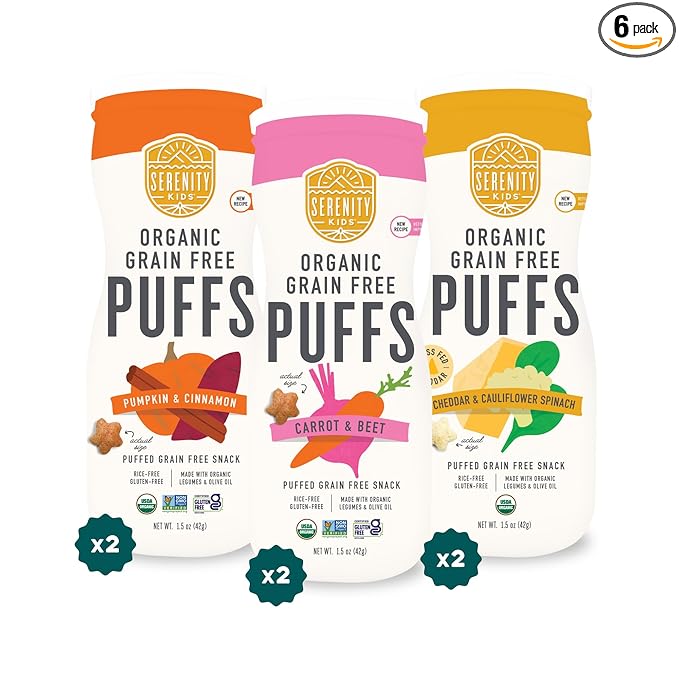 Serenity Kids 6+ Months Grain-Free Allergen-Safe Puffs for Toddlers & Babies - No Grains, Gluten, Nuts, Rice - Organic Veggies, Legumes, Olive Oil (1.5 Ounce (Pack of 6), Variety Pack)
