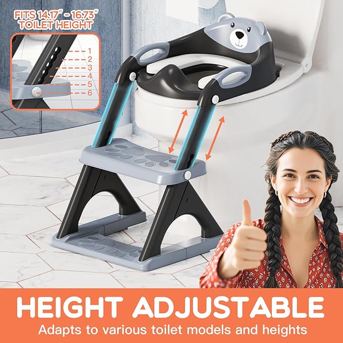 SKYROKU New Sector-Shape Stabilized Base 2-in-1 Toddler Toilet Seat, Potty Training Toilet with Splash Guard, Anti-Slip Pad, and Step Stool (Dark Blue) (8899-Black)