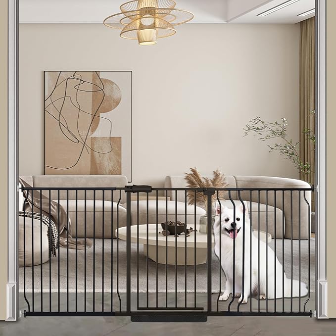 Extra Wide Baby Dog Gates for Doorways Tension Indoor Safety Gates Black Metal Large Pressure Mounted Pet Gate Walk Through Dog Gate for The House Stairs (Black, 76.38"-86.3"/194-219CM)