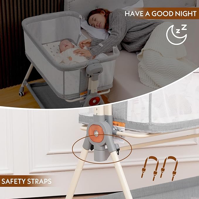 Baby Bassinet,Rocking Bassinet with Waterproof Sheet,3 in 1 Baby Bassinets Bedside Sleeper,6 Height Adjustable Bedside Bassinet for Newborn(Grey)