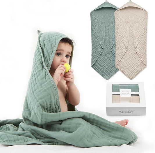 Hooded Baby Towels for Newborn, 35x35 Inch 2 Pack 100% Muslin Cotton Baby Bath Towel, Soft Baby Beach Towels with Hood for Infants, Toddlers and Kids, Essentials Must Haves