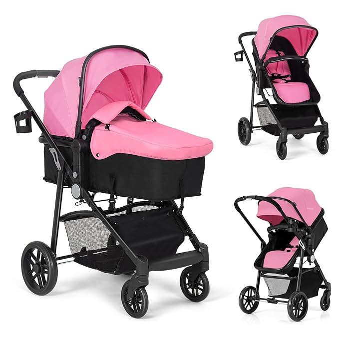 BABY JOY Baby Stroller, 2 in 1 Convertible Carriage Bassinet to Stroller, Pushchair with Foot Cover, Cup Holder, Large Storage Space, Wheels Suspension, 5-Point Harness (Pink)