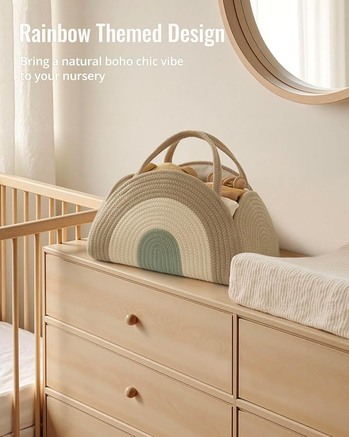 Blissful Diary Baby Diaper Caddy Organizer, Cotton Rope Diaper Caddy Basket, Large Storage Basket for Newborn Boys and Girls, Gift for Baby Shower List, Newborn Essentials, Natural Rainbow