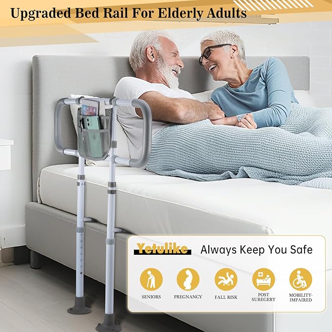 Bed Rails for Elderly Adults Safety, Sturdy Beds Assist Rail for Seniors; Adjustable Beds Rail Stable Bed Cane Guard with Extended Handle Bar - Fit King Queen Full Twin Bed