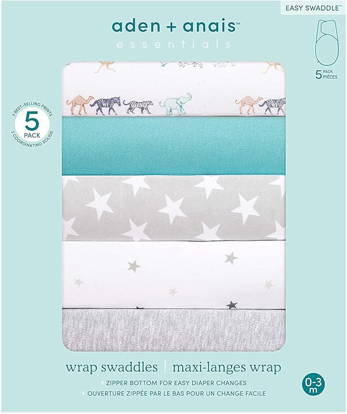 aden + anais Essentials Easy Swaddle Wrap Quick Change with Bottom Zipper, Snug Cotton Knit Baby Wrap Swaddle Blanket for Newborns, TOG 1.0, 5 Pack, Starlit, 0-3 Months, Small/Medium