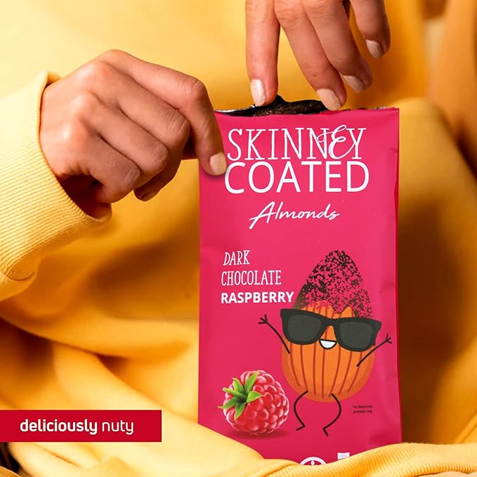 Skinny Coated Almonds Dark Chocolate Raspberry Snacks, Raspberry Flavored Healthy Chocolate Snacks Bulk - Kosher, Gluten Free Snacks for Adults, 1.2Oz p Bag, 6 Pack.