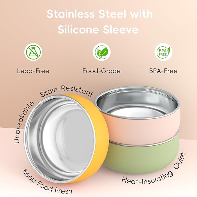 Bella's Friends Stainless Steel Baby Bowls with Silicone Sleeve 3 Pack, 4.3" for Toddlers Kids Feeding, Non-Slip, Non-Toxic, Mess-Free, Dishwasher Safe, Fit High Chair Size