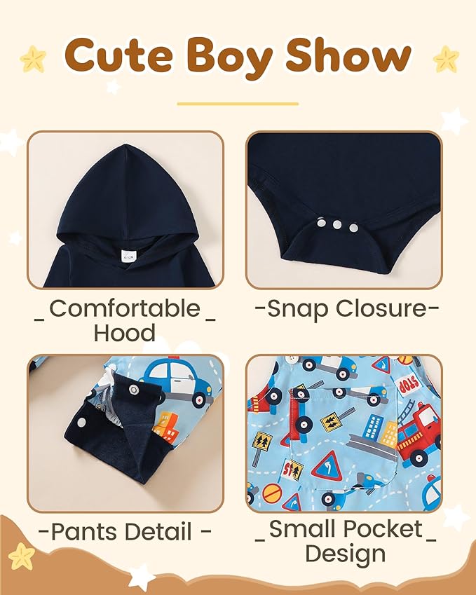 NZRVAWS Baby Boy Clothes Newborn Outfits Infant Romper Fall Winter Hoodie Pocket Pants Overalls Set NB-18M