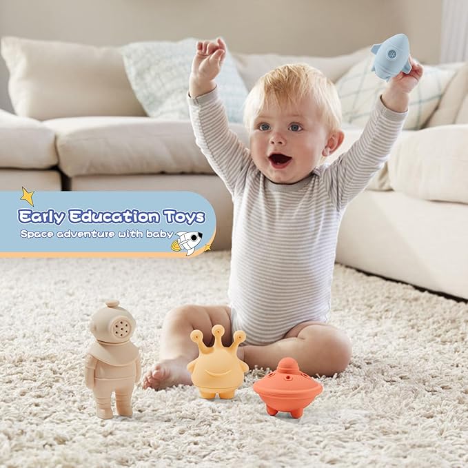 Bath Toys, Space & Rocket 4 Pack | Dishwasher-Safe & Mold Free Silicone Bath Toys | Soft, Squeezable & Float on Water | Soft & Easy-Grip Baby & Toddler Bath Toy Set | Baby Pool Toys