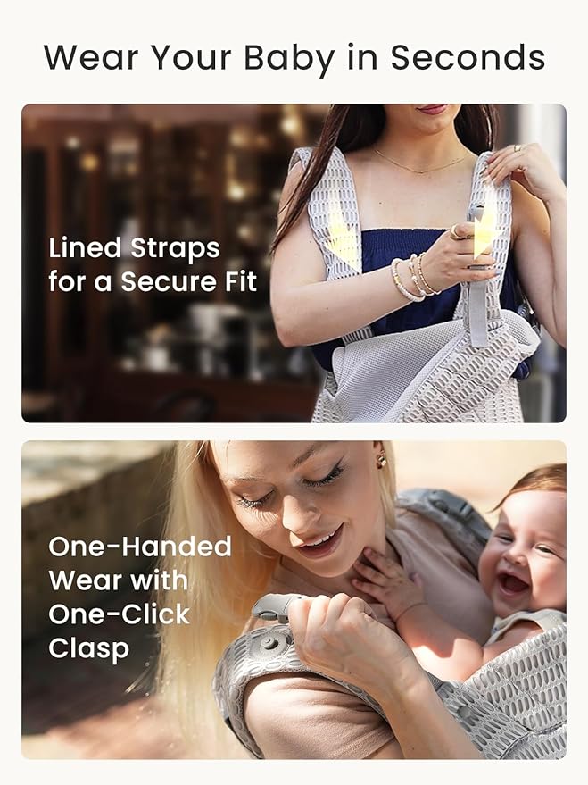 Grownsy Baby Carrier Newborn to Toddler (7-44lbs), Ergonomic & Cozy Wraps with One-Click Buckle, Mesh & Head Support for Hands-Free Comfort, Silver Gray