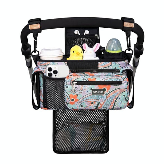 TOPDesign Universal Baby Stroller Organizer, Stroller Caddy with Detachable Mesh Bag & Heightened Insulated Cup Holders & Non-Slip Secure Hooks Accessories, Fits Most Strollers (Green Bandanna)