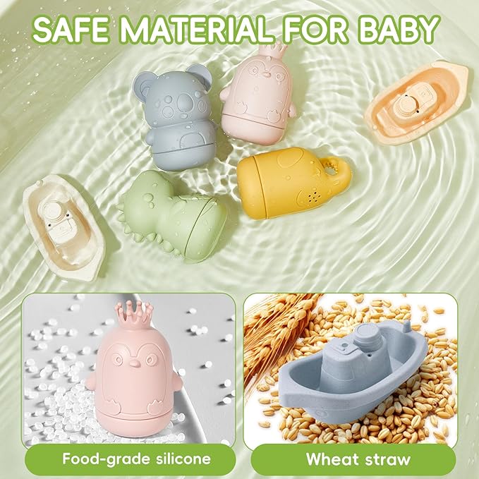 Baby Bath Toys 9PCS Mold Free Bath Toys for Kids Ages 1-3 Bathtub Water Toys with Easy Clean Silicone Bath Toy for Babies 6-12 Months and Safe Bath Boats, Baby and Toddler Christmas Stocking Stuffers